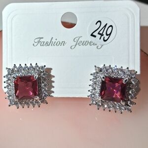 White Gold Plated With Pink Stone & Clear Cubic Zirconia Earrings